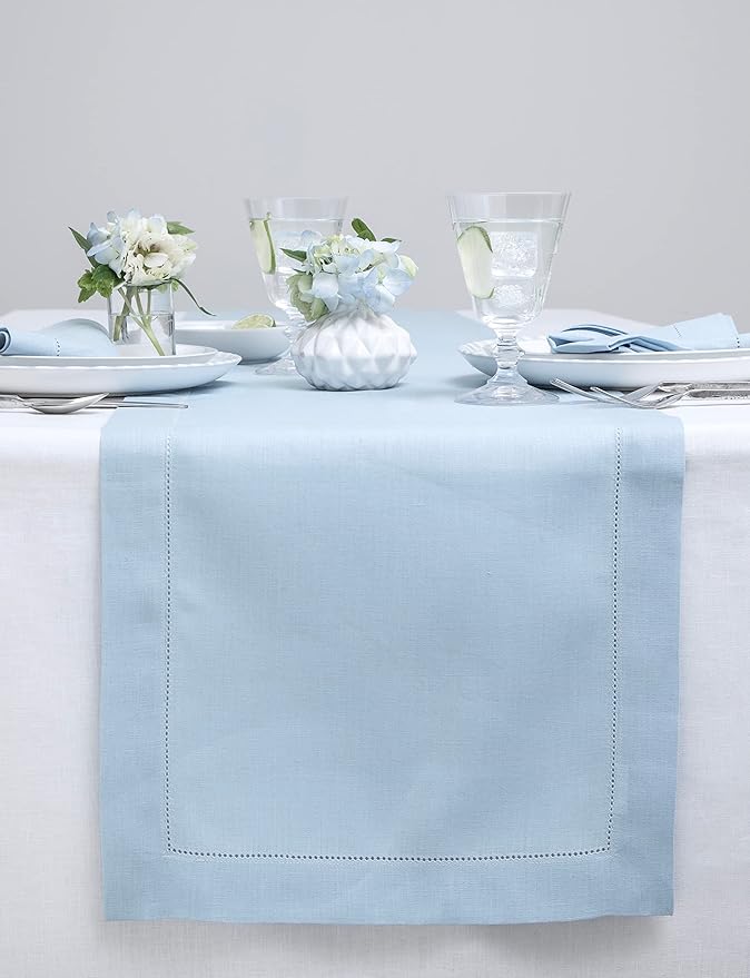 Solino Home Linen Sky Blue Table Runner 120 Inches Long - 100% Pure Linen Hemstitch 14 x 120 Inch Table Runner for Dining, Holiday, Christmas, New Year - Classic Hemstitch