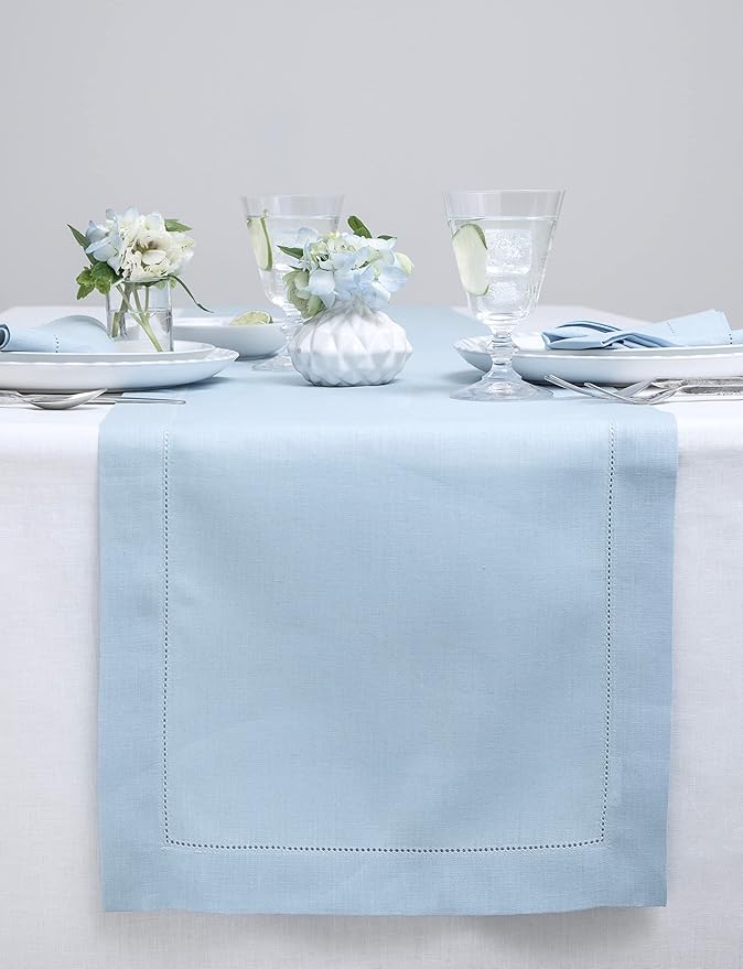 Solino Home Linen Sky Blue Table Runner 132 Inches Long - 100% Pure Linen Extra Long Table Runner 14 x 132 Inch for Christmas, New Year - Classic Hemstitch