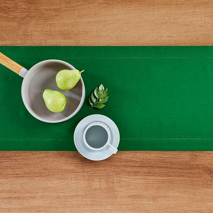 Solino Home Linen Garden Green Table Runner 144 Inches Long - 100% Pure Linen Extra Long Table Runner 14 x 144 Inch for Christmas, Winter - Classic Hemstitch