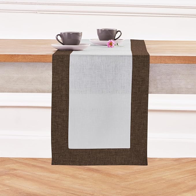 Solino Home Linen Table Runner 108 Inches Long - Chambray Brown and White 100% Pure Linen 14 x 108 Inch Table Runner for Dining, Fall, Autumn - Contempo