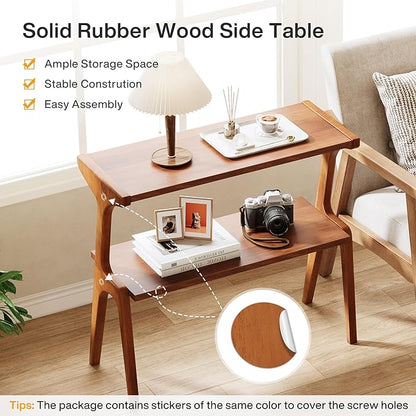 Tribesigns Set of 2 Solid Wood End Table, Modern Side Table for Couch, 2-Tier Narrow Tall End Table, Long Bedside Table for Living Room, Bedroom, Walnut