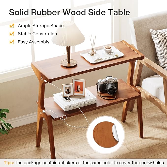 Tribesigns Solid Wood End Table, Modern Side Table for Couch, 2-Tier Narrow Tall End Table, Long Bedside Table for Living Room, Bedroom, Walnut