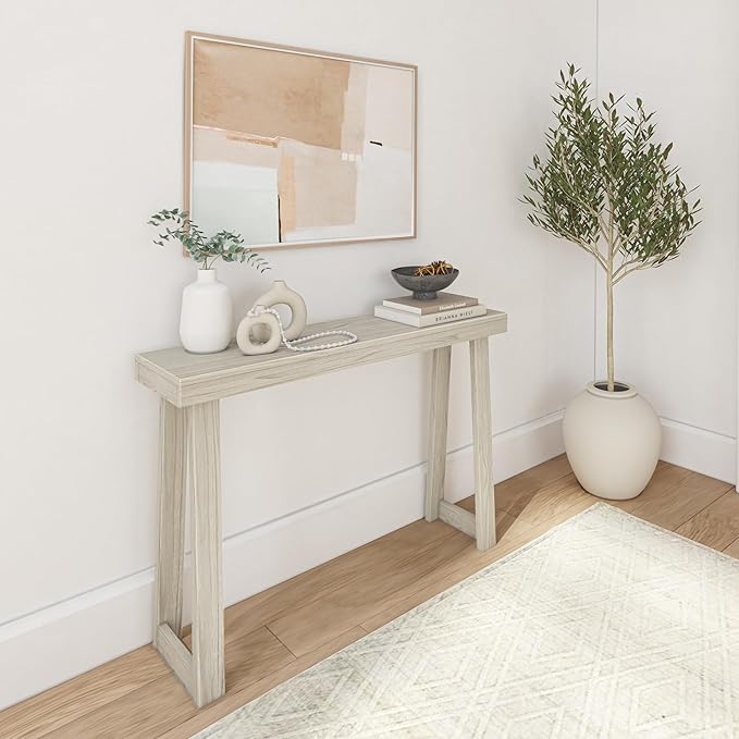 Plank+Beam Classic 46 Inch Console Table, Solid Pine Wood Entryway Table, Narrow Sofa Table for Hallway or Living Room, White Sand