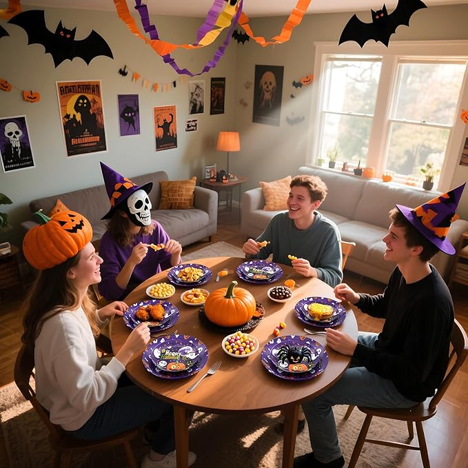 U-QE 20Pcs Halloween Plastic Plates - Cute Ghost and Pumpkins Design - Purple Plastic Plates Includes 10 10.25" Dinner & 10 7.5" Salad Plate - Perfect for Halloween Party, Ghost Party