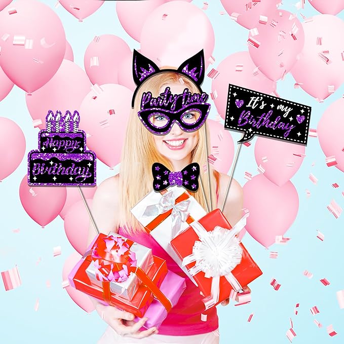 CC HOME 36Pcs Happy Birthday Photo Booth Props, Glitter Purple Birthday Party Decorations Party Favor for Forever Young Cheers Party Time Birthday Party Supplies Party Essentials