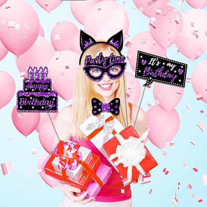 CC HOME 36Pcs Happy Birthday Photo Booth Props, Glitter Purple Birthday Party Decorations Party Favor for Forever Young Cheers Party Time Birthday Party Supplies Party Essentials