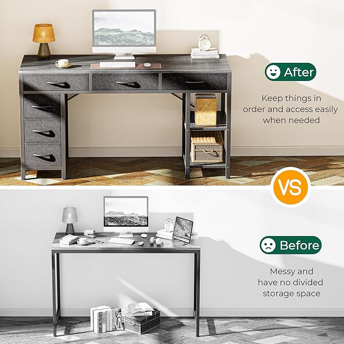 Huuger Computer Desk with 6 Drawers, Office Desk with Shelves, Reversible Gaming Desk, Corner Desk with Storage, Work for Home Office, Study, Living Room, 47inch, Gray