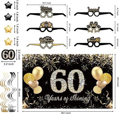 60th Birthday Decorations,39pcs-60th Birthday Decorations for Men & Women,Black Gold 60th Birthday Eyeglasses Decorations Banner Balloons Backdrop Hanging Swirls Paper Fans ,1965 Banner Party Supplies