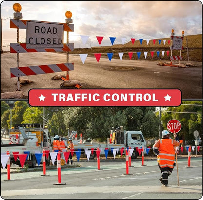 105ft Red White and Blue Pennant Banner Flag, 7"x10" Fluorescent Safety Flagging Banner Warning Flag for Construction Site/Boundary Barrier Signs, Perimeter Marking Flags on String, 45 Flags