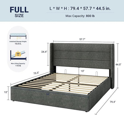 Allewie Full Size Lift Up Storage Bed, Modern Wingback Headboard, Hydraulic Support, No Box Spring Needed, Dark Grey