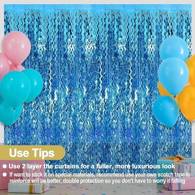 4 Pack Lake Blue Fringe Curtain Backdrop 3.2Ft x 8.2Ft Metallic Tinsel Foil Fringe Streamers Background for Photo Booth Mother's Day, Easter, Carnival, Birthday, Wedding Party Decoration