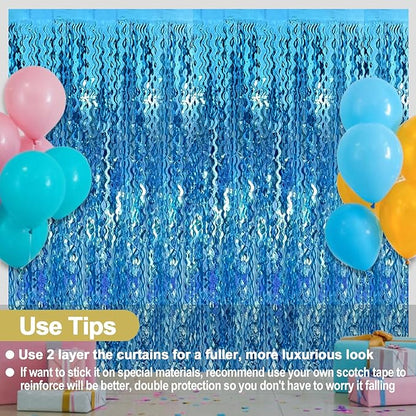 4 Pack Lake Blue Fringe Curtain Backdrop 3.2Ft x 8.2Ft Metallic Tinsel Foil Fringe Streamers Background for Photo Booth Mother's Day, Easter, Carnival, Birthday, Wedding Party Decoration