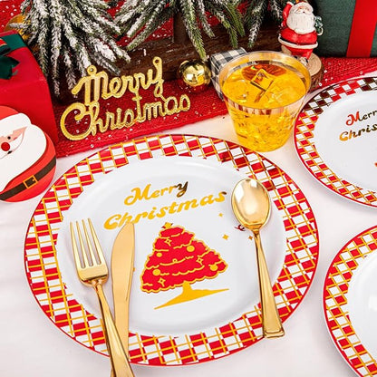 Ciaell 175PCS Christmas Plastic Plates - Red and Gold Plaid Plates include 25Dinner Plate, 25Dessert Plate, 25Knives, 25Forks, 25Spoons, 25cups, 25 Christmas Napkins for Christmas Party