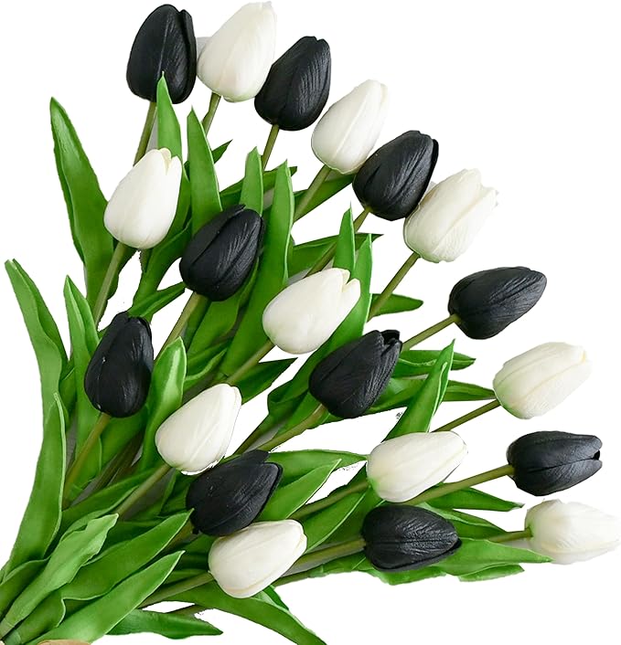 ONLY ART Artificial Black and White Tulips 20 Pcs – 13.5 Inch PU Faux Flowers with Bendable Stems for Home Décor, Wedding Centerpieces, DIY Floral Arrangements, Table Decorations