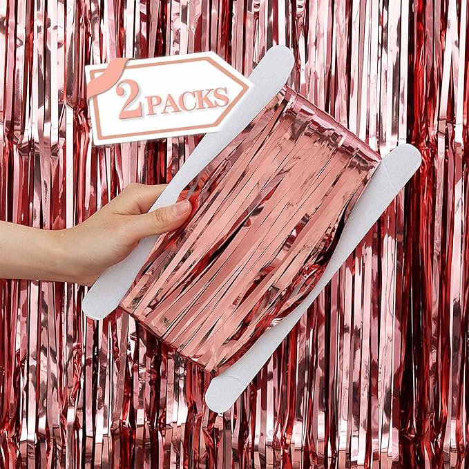 2 Pcs Rose Gold Metallic Tinsel Foil Fringe Curtains Backdrop, 3.28 ft x 6.56 ft Streamers for Birthday Wedding Engagement Bachelorette Party Photo Booth Bridal Shower Baby Shower Decorations Supplies