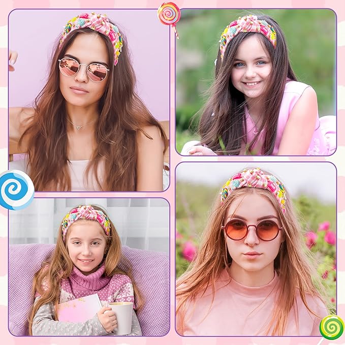 PANTIDE Candy Jeweled Knotted Headband - Christmas Rainbow Lollipop Rhinestone Embellished Preppy Headband Non Slip Wide Top Knot Hairband Accessories Birthday Gift for Women Girls (Pink Plaid)