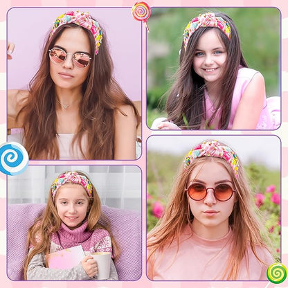 PANTIDE Candy Jeweled Knotted Headband - Christmas Rainbow Lollipop Rhinestone Embellished Preppy Headband Non Slip Wide Top Knot Hairband Accessories Birthday Gift for Women Girls (Pink Plaid)