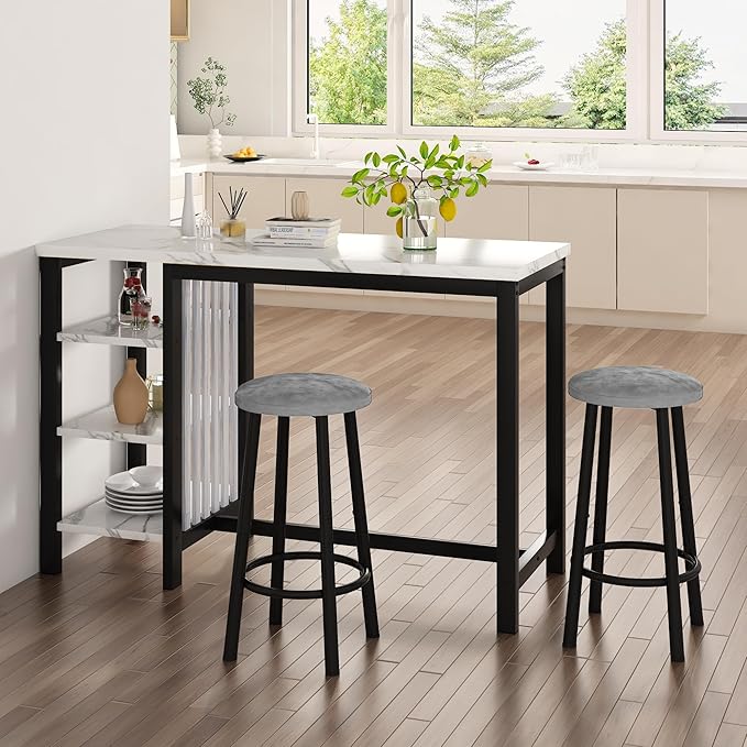 AWQM Bar Table Set with Storage Shelves, 47" Modern White Faux Marble Breakfast Table with 2 Velvet Stools, 3-Piece Dining Set for 2, Space Saving Table for Kitchen/Dining Room/Living Room/Studio