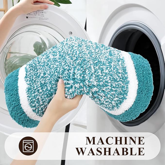Pauwer Bathroom Sets 3 Pc Shower Rugs w/ U-Shaped Mat, Absorbent Microfiber Plush Mats, Non Slip, Machine Wash, Shaggy Aqua Blue