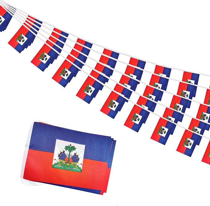 Haiti Small String Flags, 50 Feet 38 Pcs Haitian Pennant Banner Bunting Flags, Patriotic Events, Independence Day, Country Festival, Commemoration, Decorations (Haiti)