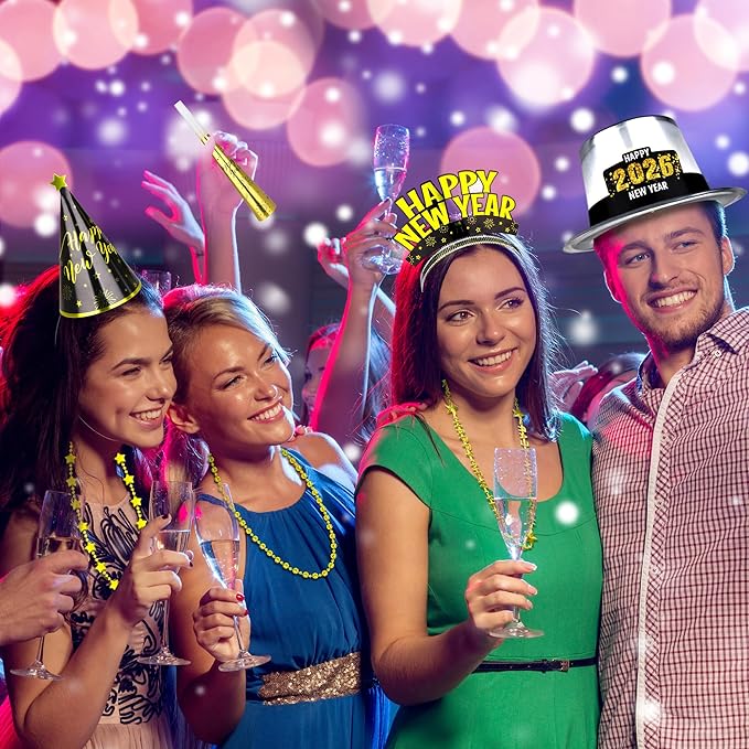 100PCS New Year's Party Supplies for 50 People - Headbands, Plastic Cardboard, 2026 Shiny Cone Hats, Horns, Fringed Blowouts - Gold, Silver, Black