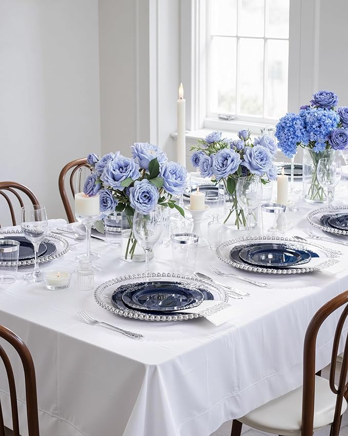 Hioasis 350pcs Blue and Silver Plastic Plates - Elegant Disposable Dinnerware Set Suitable for 50 Guests Include 10.25" Dinner & 7.5" Dessert Plates, Cutlery, Napkins, Cups for Party