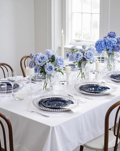Hioasis 350pcs Blue and Silver Plastic Plates - Elegant Disposable Dinnerware Set Suitable for 50 Guests Include 10.25" Dinner & 7.5" Dessert Plates, Cutlery, Napkins, Cups for Party