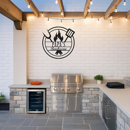 Personalized BBQ Retreat Metal Sign, Custom Grill Cut Name Wall Art for Cabin Patio, Rustic Outdoor Barbecue Decoration