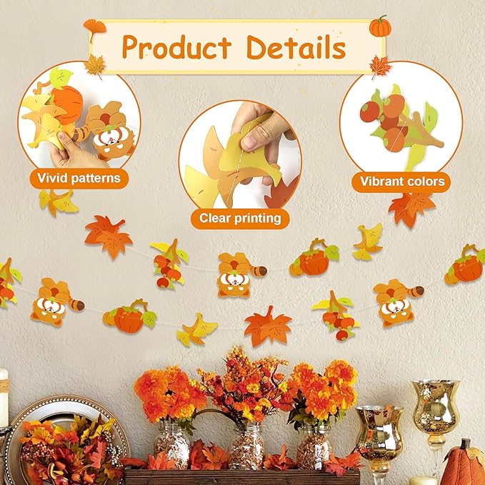 Dayker Fall Pumpkin Raccoon Banner & Maple Leaf Garland, Reusable Thanksgiving Party Supplies for Harvest Celebrations, Autumn Themed Decor for Weddings Baby Showers Birthday Backdrops