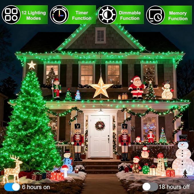 750 LED 240FT Christmas String Lights Outdoor, 12 Pro Modes and Timer Memory & Brightness, Plug in Outdoor Waterproof Clear Wire Twinkle Light for for Xmas Yard Tree Wedding Party Decor (Green)