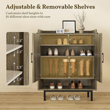 Yaheetech Shoe Storage Cabinet with Doors, Farmhouse Shoe Cabinet with 2 Adjustable Shelves and 4 Side Hooks, Wooden Shoe Rack Organizer Cabinet for Entryway, Foyer, Hallway, Washed Gray