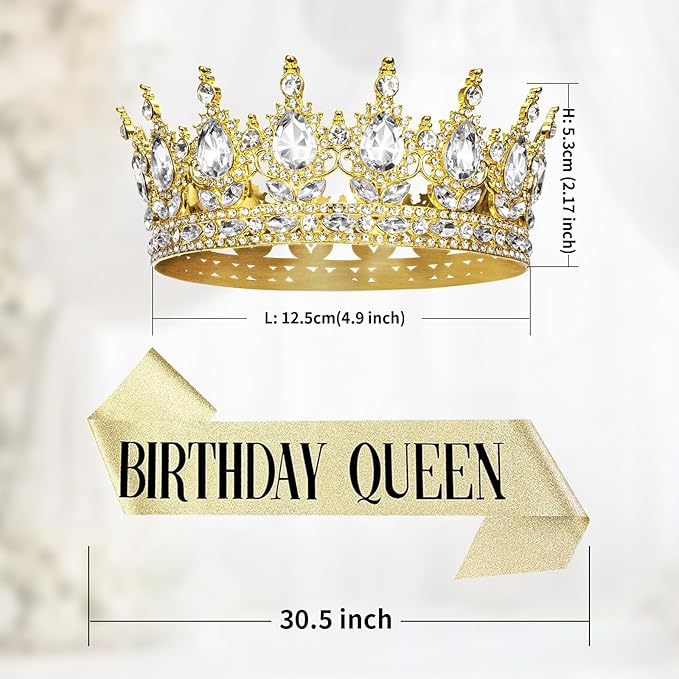 Onedor Gold Queen Crown and Birthday Sash for Women, Crystal Tiara Headband with Rhinestones for Birthday Party, Wedding, Prom Accessories, Cake Topper