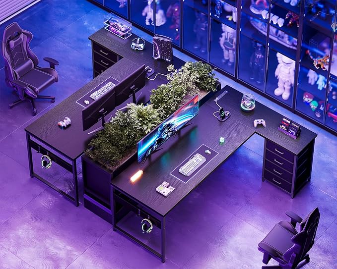 AODK L Shaped Gaming Desk with 4 Drawers, 67" Reversible Home Office Desks with Power Outlets, L Shaped Computer Desk with USB Charging Port and Host Stand, Corner Desk, Easy to Assemble, Black