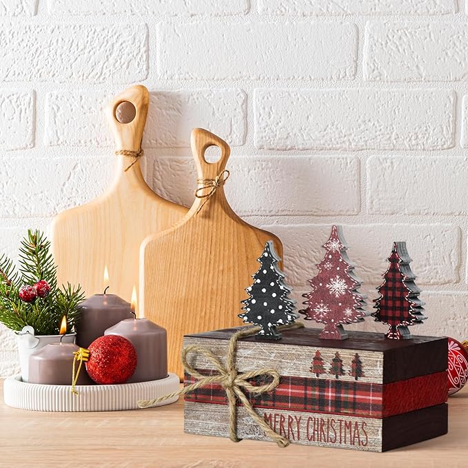 Smile Christmas Wooden Books Stack,Red and Black Check Faux Books Bundle, Trees Tiered Tray Decorations, for Home Table Mantle Shelf.