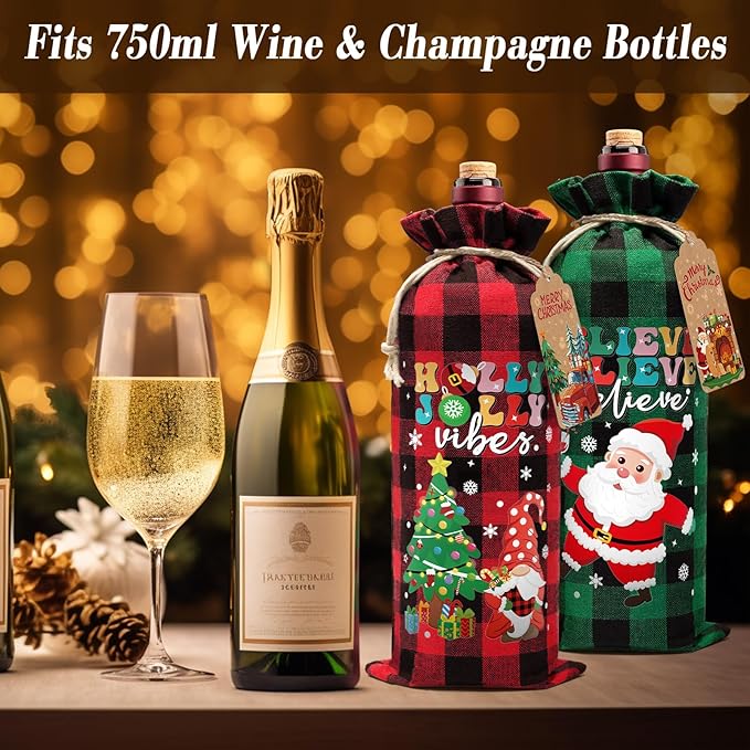 12PCS Burlap Wine Bag Christmas Wine Gift Bags, Drawstring Retro Christmas Bottle Cover Gift Bag w/ Tag, Buffalo Plaid Wines Bags for Bottles Gifts Reusable Bottle Covers for Xmas Holiday Party Decor
