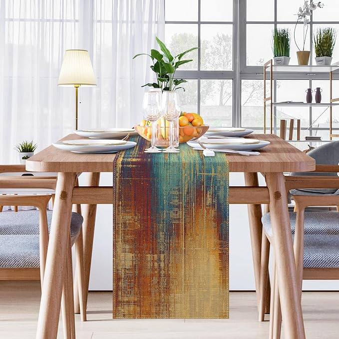Emvency Blue and Orange Table Runner, Vintage Abstract Messy Rust Painting Dining Decor for Kitchen Coffee Table Family Dinners Holiday Parties Wedding Events Decor(13x60 inch)