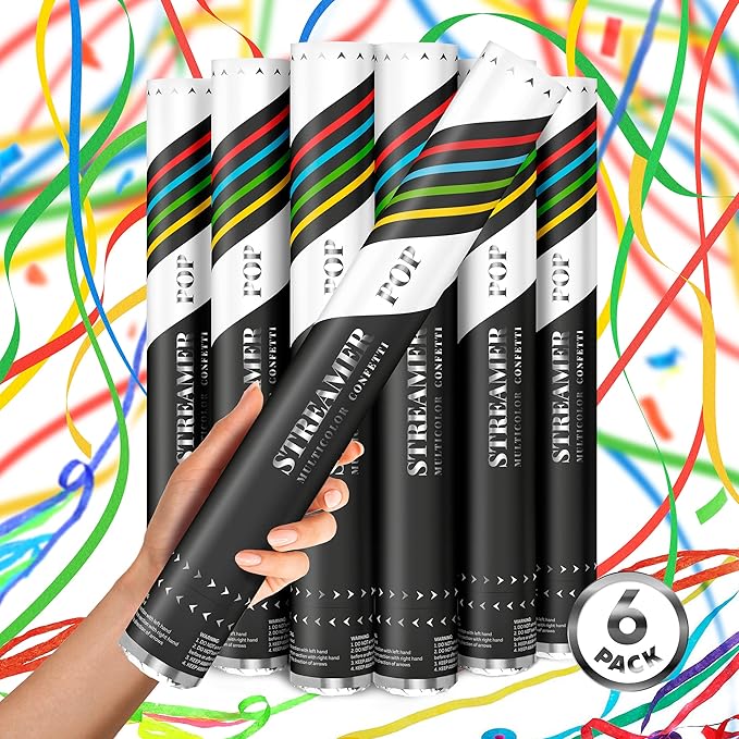 16" STREAMERS Confetti Cannons - 6Pack Biodegradable Colorful Streamers Confetti Party Poppers, No Mess, Loud POP|Up to 40ft, Wedding, Birthday Red/Blue/Purple/Yellow/Green/Rainbow