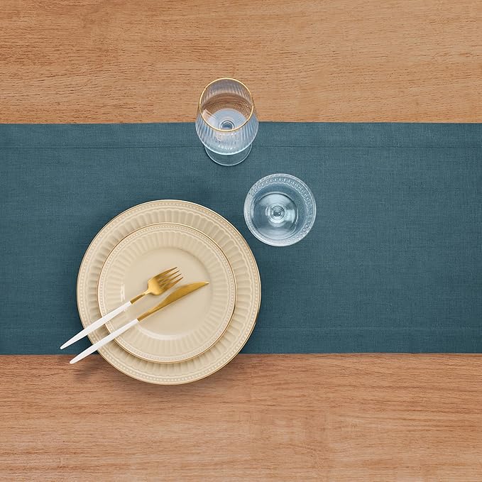 Solino Home Linen Table Runner 108 Inches Long - 100% Pure Linen Peacock Blue Table Runner 14 x 108 Inch - Fete