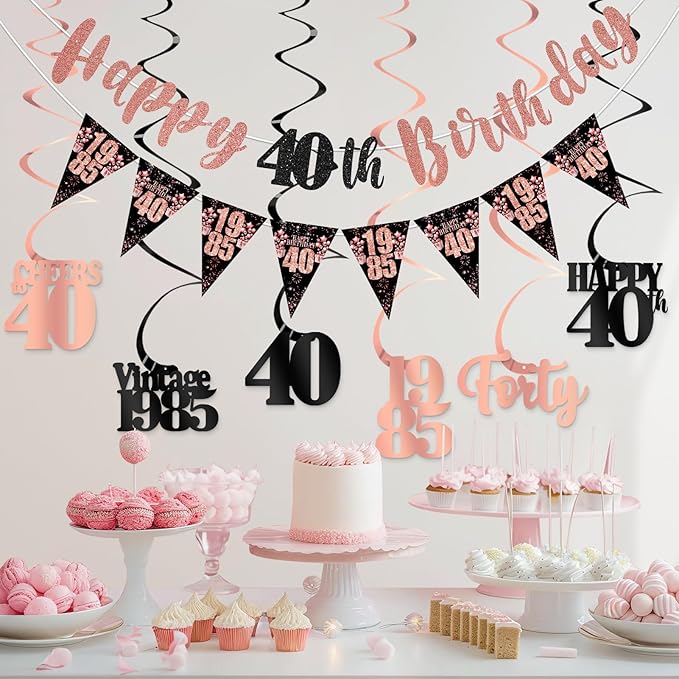 40th Birthday Decorations for Women, Black Rose Gold Happy 40th Birthday Banner Hanging Swirls Vintage 1985 Decorations Kit Cheers to 40 Party Supplies