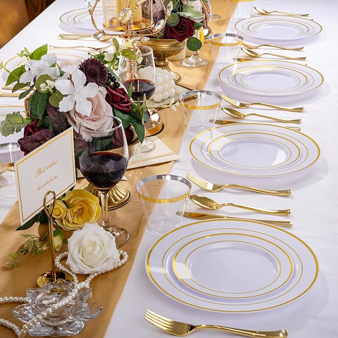 WELLIFE 600 PCS Gold Disposable Dinnerware Set for 100 Guests, Gold and White Plastic Plates for Party, 100 Each-Dinner & Salad Plates, Cups, Forks Knives Spoons for Wedding and Party