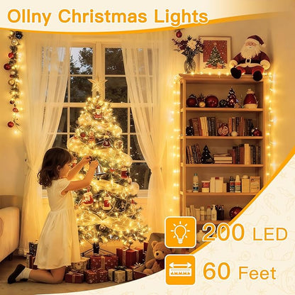 Ollny Christmas Lights 200LED 60FT Indoor, Warm White Connectable Plug in String Light Outdoor, 8 Modes Waterproof Timer LED Fairy Lights for House Outside Bedroom Patio Balcony