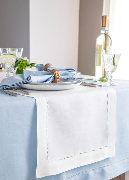 Solino Home Linen White Table Runner 132 Inches Long - 100% Pure Linen Extra Long Table Runner 14 x 132 Inch for Fall, Autumn, Holiday, Christmas, New Year - Classic Hemstitch