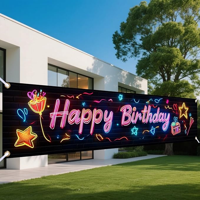 Nuxovilar Happy Birthday Banner Decorations 17.72x78.74 Inch Neon Gift Theme - Polyester for Indoor Outdoor Birthday Party Decor