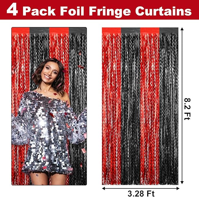 4 Pack Black Red Fringe Curtain Backdrop 3.2Ft x 8.2Ft Metallic Tinsel Foil Fringe Streamers Background for Photo Booth Mother's Day, Easter, Carnival, Birthday, Wedding Party Decoration