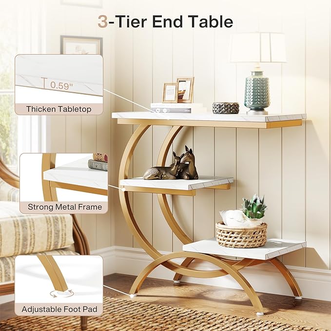 Tribesigns C-Shaped End Table, Industrial 3-Tier Small Side Table for Couch, Wood Bedside Table Snack Side Table with Storage Shelves for Living Room Small Space, White Gold