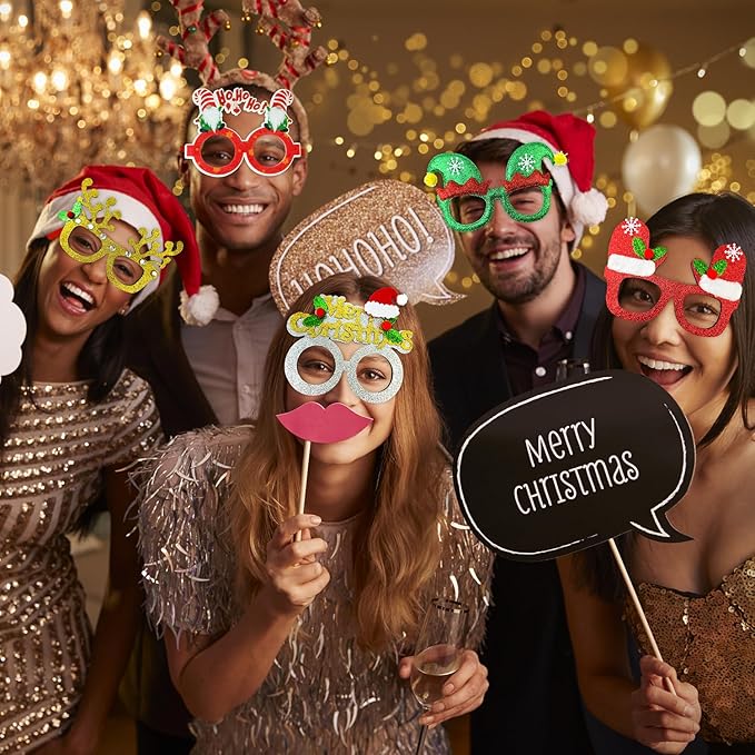 Christmas Glitter Glasses 6 Pack, Xmas Eyeglasses Frame Party Gifts Accessories - One Size Fits All, Holiday Party Favors Supplies Game Prizes, Christmas Decorations Photo Props for Costume