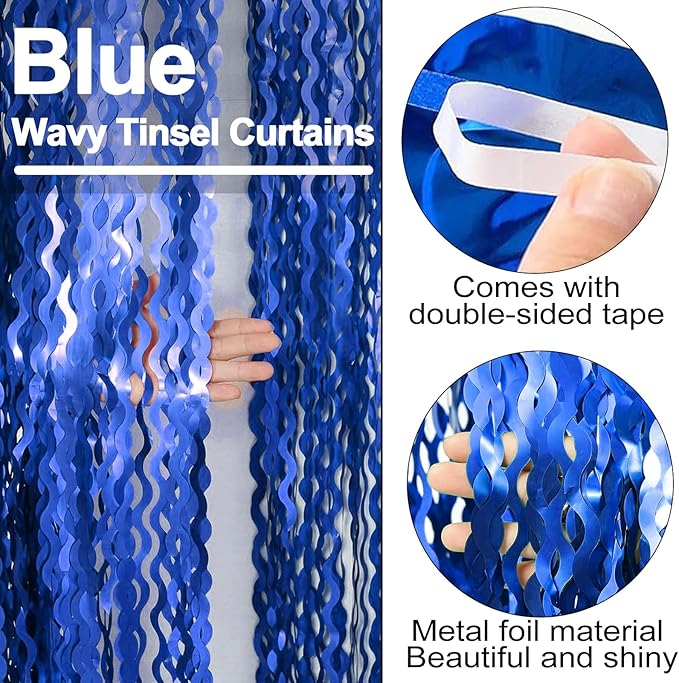 4 Pack Blue Fringe Curtain Backdrop 3.2Ft x 8.2Ft Metallic Tinsel Foil Fringe Streamers Background for Photo Booth Mother's Day, Easter, Carnival, Birthday, Wedding Party Decoration