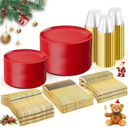 WDF 300Pcs Red Disposable Plates - Christmas Plates - 50guest Disposable Dinnerware Include 50 Dinner Plate, 50 Dessert Plate, 150 Cutlery & 50 9oz Cups for Christmas & Parties