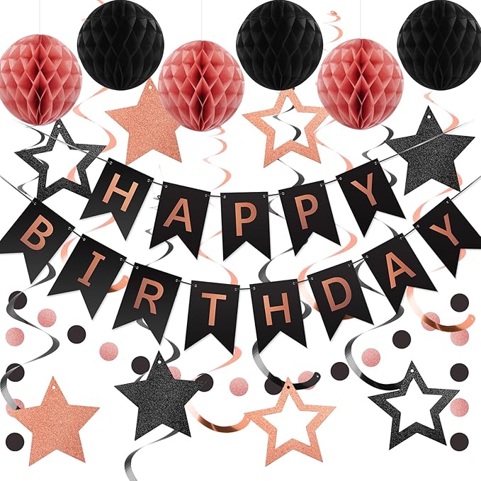 meowtastic Birthday Decorations, Happy Birthday Banner with Honeycomb Ball, Star Hanging Swirl Streamer, Circle Dot Garland, Happy Birthday Party Decoration for Women Men Boy Girl (Rose Gold & Black)