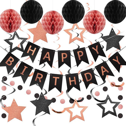 meowtastic Birthday Decorations, Happy Birthday Banner with Honeycomb Ball, Star Hanging Swirl Streamer, Circle Dot Garland, Happy Birthday Party Decoration for Women Men Boy Girl (Rose Gold & Black)